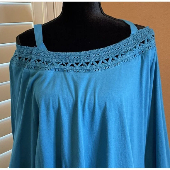 Soft Surroundings Size 1X Ava Top Blouse Fjord Blue Crochet Trim Beach Preppy - Picture 2 of 10